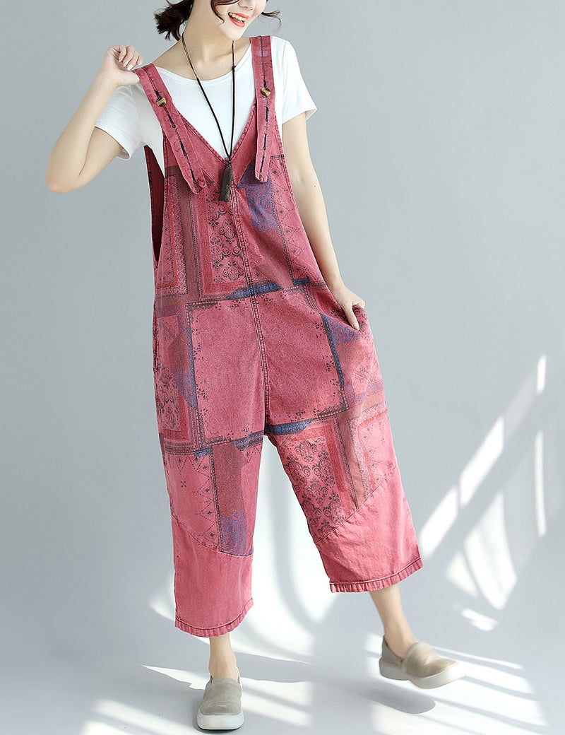 Yeokou Women's Loose Baggy Denim Wide Leg Jumpsuit Rompers Overalls Harem Pants (One Size US S-L, Style 14 Red) - Image 2